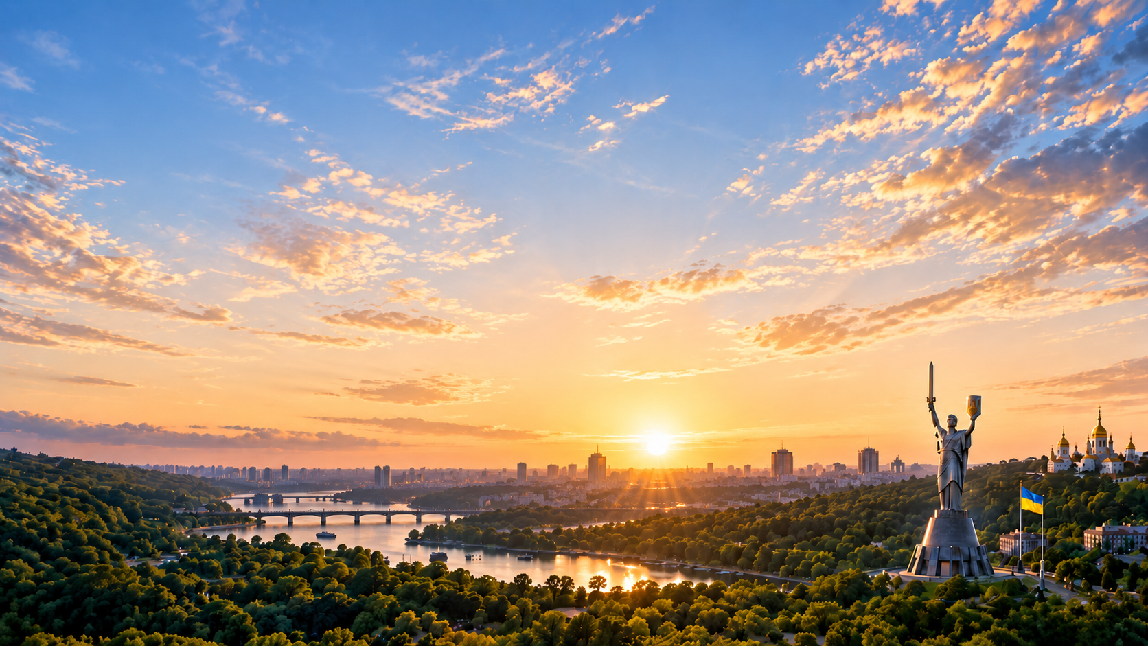 Kyiv at sunrise over the Dnipro